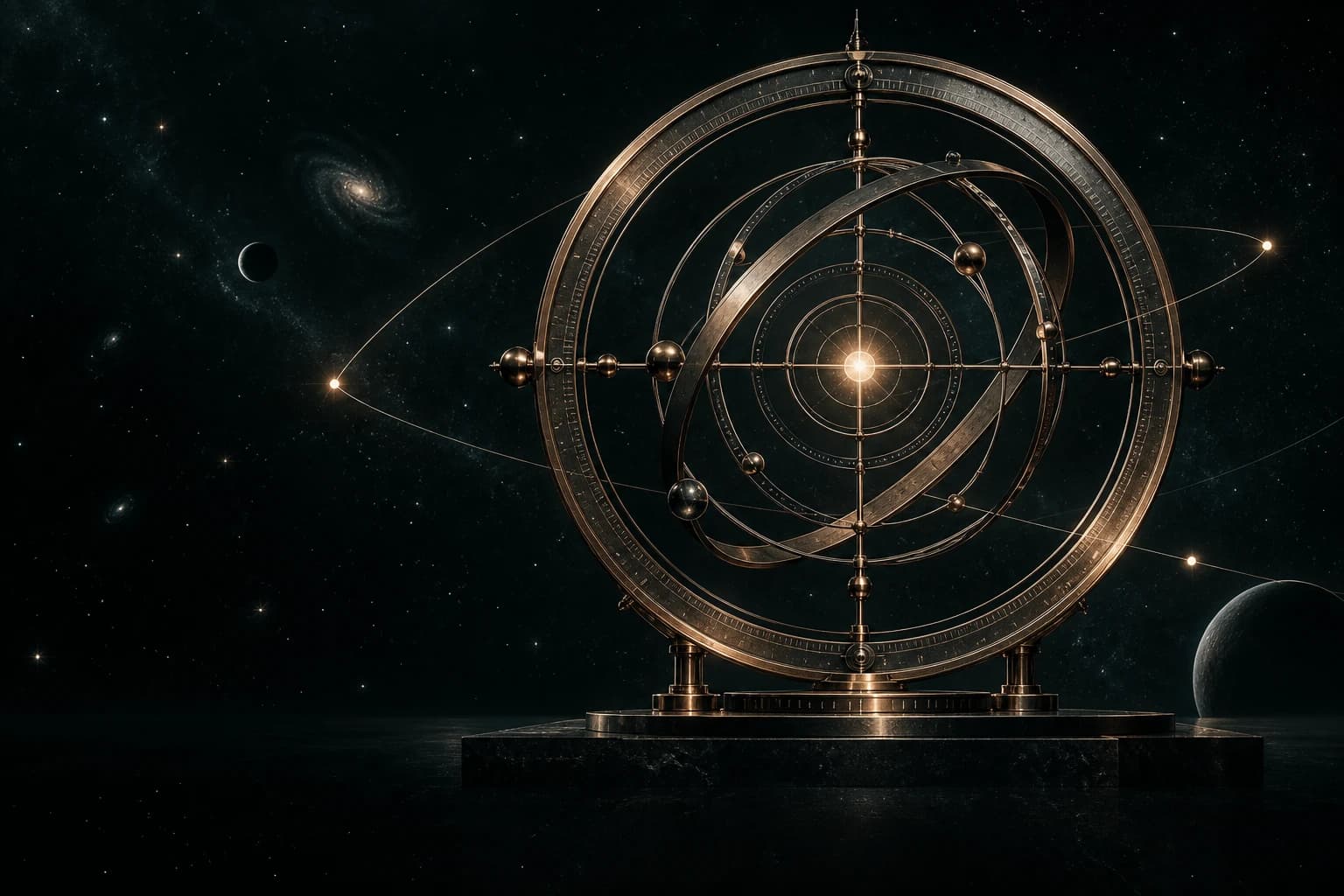 A finely crafted copper astronomical instrument beneath a field of stars, connecting celestial perspective with a sense of direction.